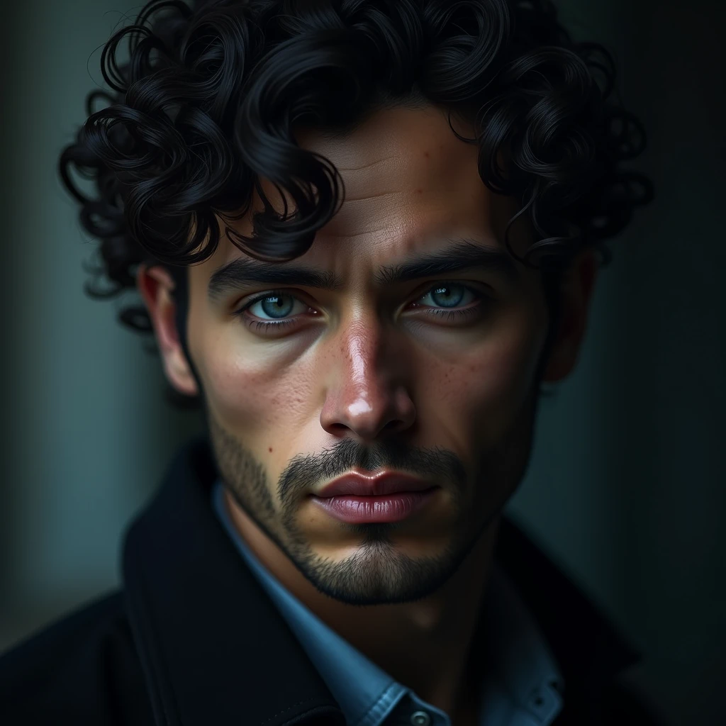 a man with curly dark black-blue hair, detailed facial features, beautiful eyes, detailed nose and lips, portrait, fine art oil painting, hyperrealistic, 8k, high resolution, intricate details, dramatic lighting, chiaroscuro, moody, cinematic