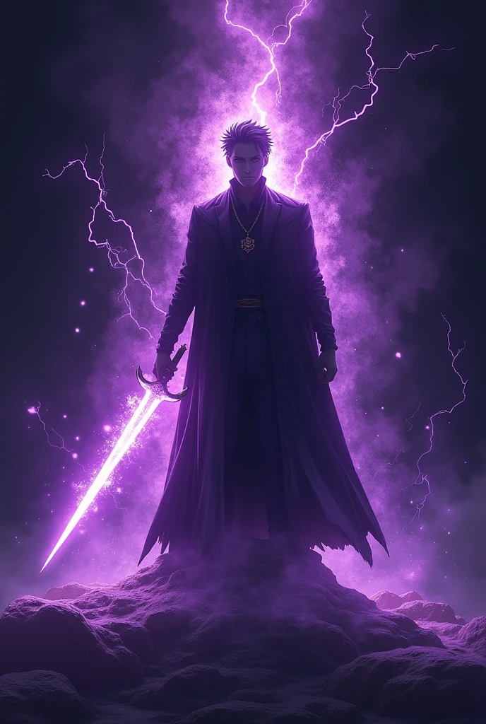 ((masterpiece)), ((High Definition)). The black silhouette of a simple man in the center in anime style. Instilling respect with his immense power. From him emanates an electric aura of divinity purple in color, and with magical runes around him. He holds in one of his hands a magical crystal sword, purple in color. Dynamic pose. With a black background.