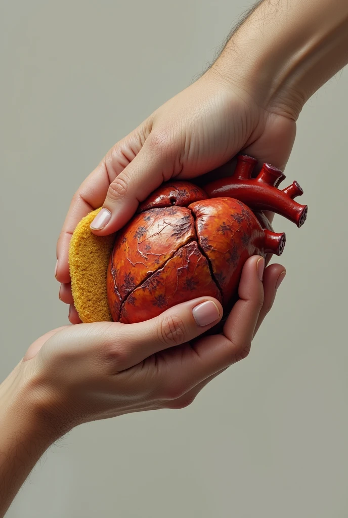 Create an image of a hand cleaning a dirty heart with a sponge