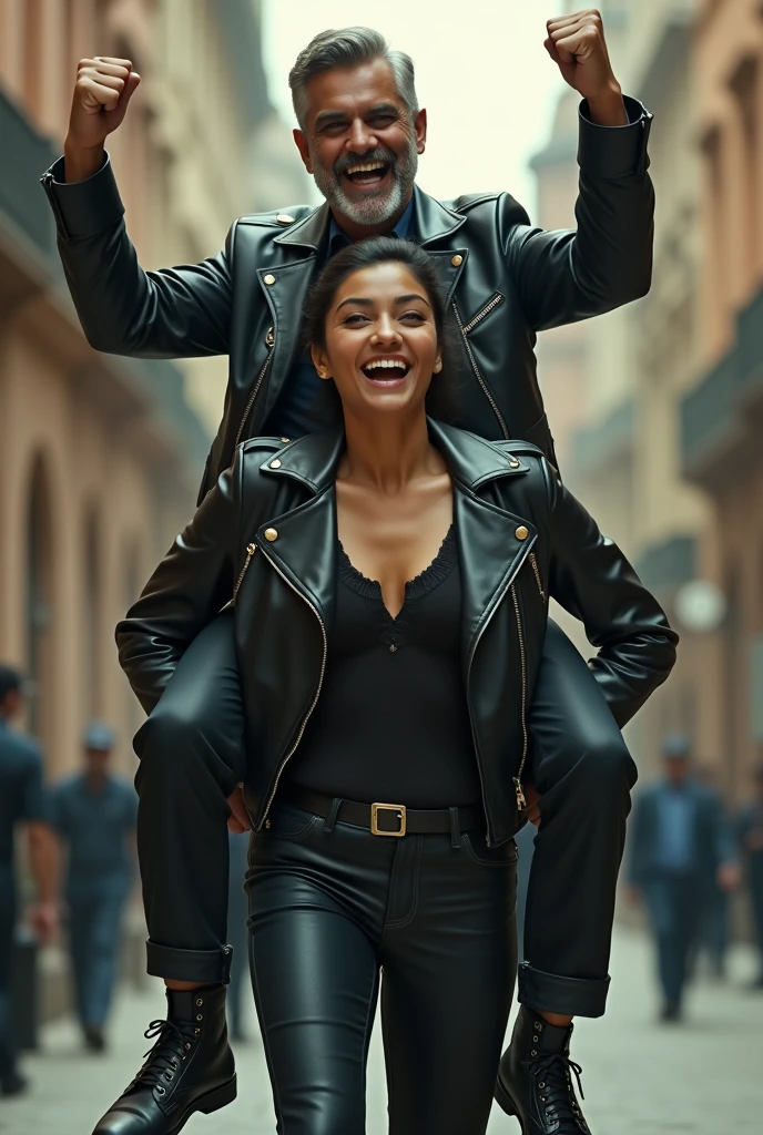 a tall, smiling and beautiful Indian actress in black leather jacket is carrying a large man on her shoulders  , he is sitting on her shoulder 