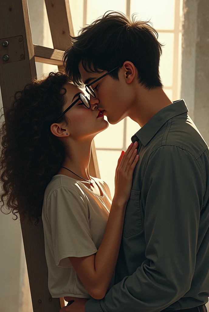 A young girl with glasses and curly hair kissing a man with glasses and black hair who is taller than her on the lips., on a ladder