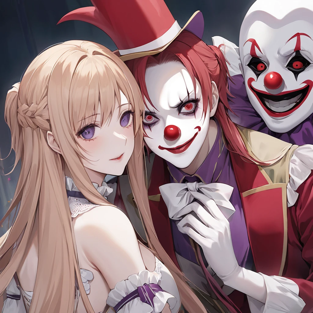 ((Highest quality)), ((masterpiece)), (detailed), (Perfect Face)、((The woman is a clown lady who used to be Asuna Yuuki. She has light brown, semi-long hair, pure white skin, and is wearing a creepy clown mask.))、The woman was dressed in a creepy clown costume, wearing a jester hat with clown makeup, a creepy clown face, and a red nose.、The woman is a creepy, evil, lewd clown who is a minion of an evil organization.、The woman is in love with the ringmaster clown in the evil circus.、The Pierrot leader made the woman his own, and as his Pierrot wife, her love and loyalty was engraved into his soul forever.、The woman is the wife of a destined clown couple who are spiritually bound to the head clown.