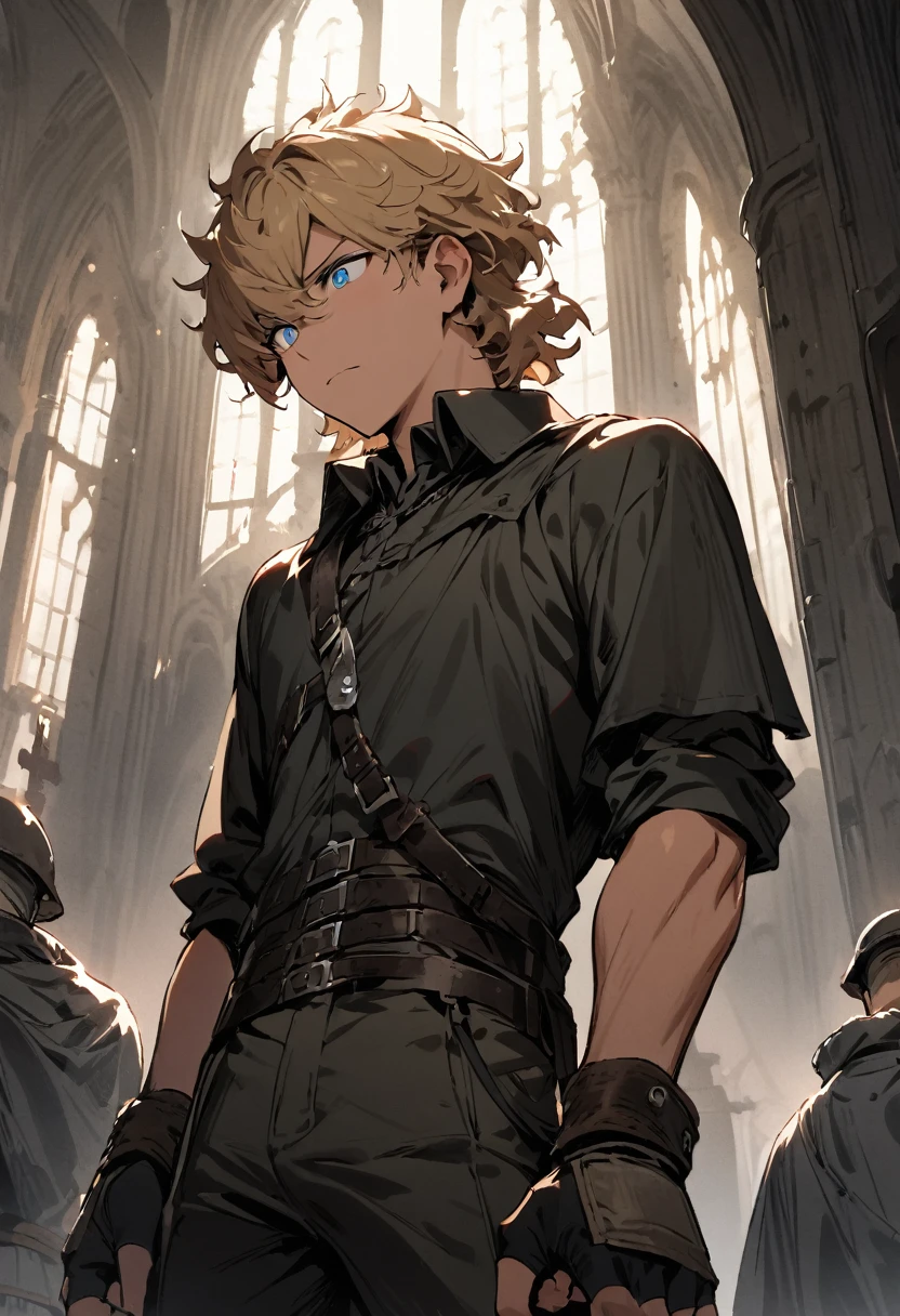 masterpiece, expressive eyes, perfect face, best quality, 1boy, male focus, solo focus, Adult,  Fighter, Echo Knight, light blue eyes, tanned skin, cropped  hair, clean hair, wavy hair, ash blonde hair, rolled up sleeves, black collared shirt,  combat boots, combat pants,  Soldier, Church belfry,fingerless gloves, bloodborne, black capelet