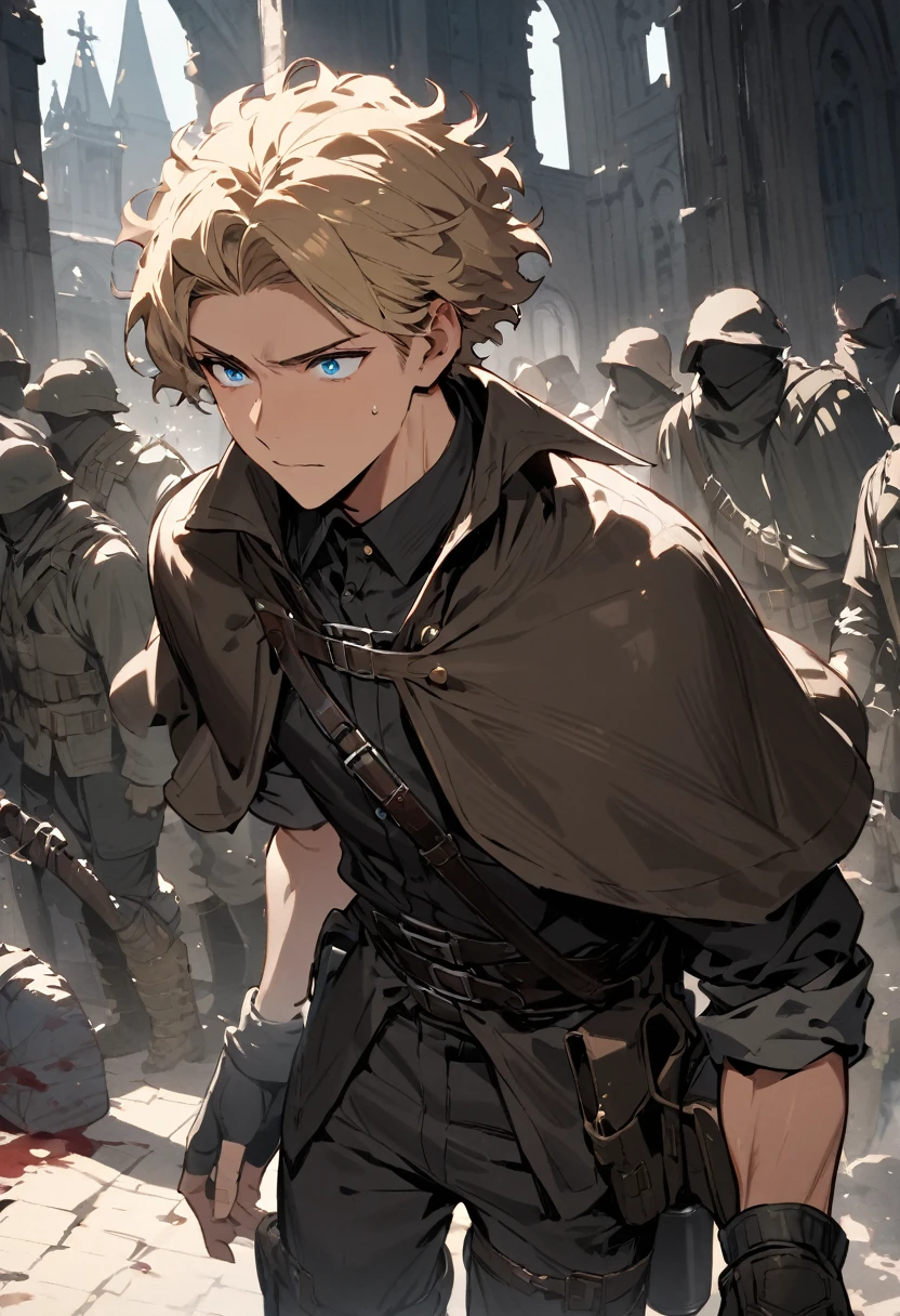 masterpiece, expressive eyes, perfect face, best quality, 1boy, male focus, solo focus, Adult,  Fighter, Echo Knight, light blue eyes, tanned skin, cropped  hair, clean hair, wavy hair, ash blonde hair, rolled up sleeves, black collared shirt,  combat boots, combat pants,  Soldier, Church belfry,fingerless gloves, bloodborne, black capelet