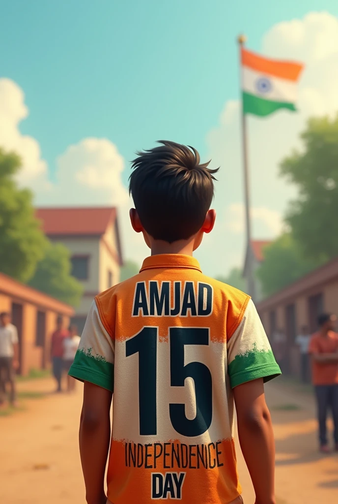 A 30 years old man celebrating indipendance day, with national flag of Bharat, in front of village School and he is wearing a shirt print is like Bharat flag and " AMJAD " and 15 number and independence day in small written on it's back in big and bold fonts, 3d illustration.