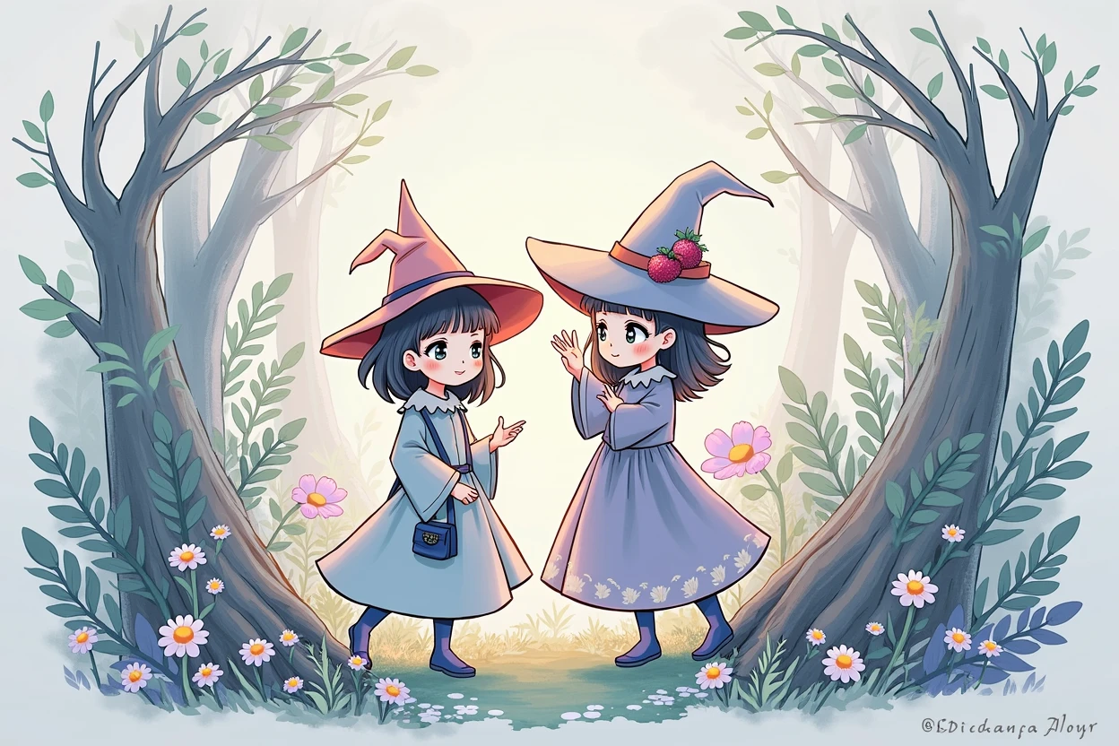 two little witches lost in a forest, beautiful, pretty