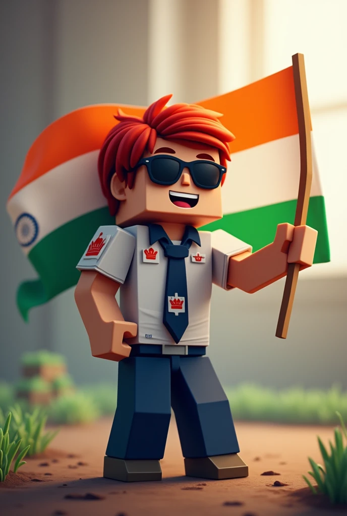 A Minecraft boy waving Indian flag with both hand and respect wearing white t shirt layering  with dark blue shirt and tie with dark blue pants all clothess have red patches with crown and black sunglasses with red hair 