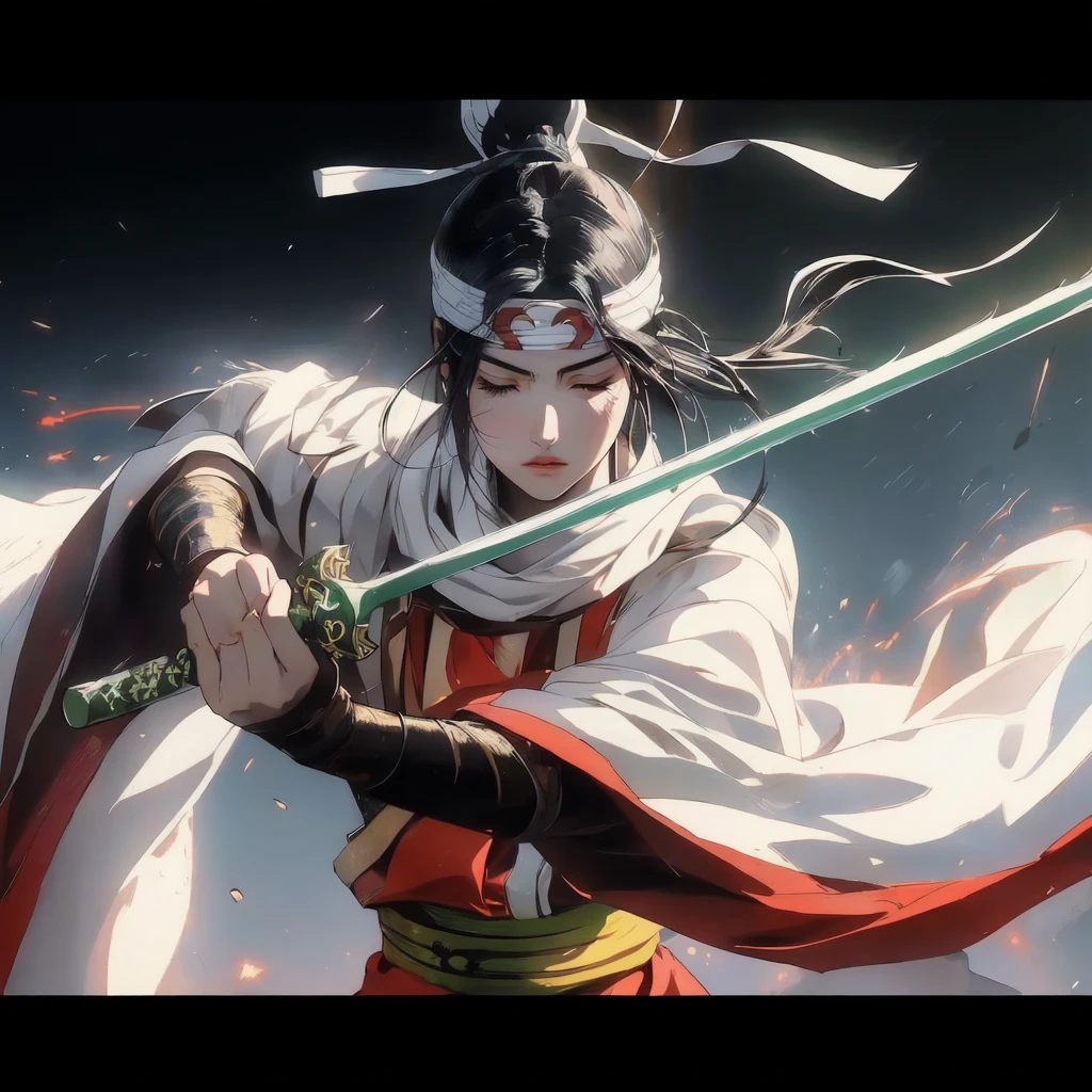 Masterpiece. Highest quality. Dynamic portrait of young Japanese warrior woman, three-quarter view facing right. Closed eyes, furrowed brows. Long black hair in high ponytail, loose strands framing face. White headband with green gem. Pale skin, pink cheeks and lips. White kosode, red hakama, green-yellow obi, dark arm wraps. Gripping katana diagonally, ornate green and gold hilt. Motion-filled pose, flowing clothing and hair. Dark, abstract background with no distinct objects or scenery. Hints of orange-red suggesting embers or energy, floating sparks. Dramatic lighting from upper left, creating rim light effect. Style blends traditional Japanese art with modern fantasy, emphasizing clean lines, movement, and power.