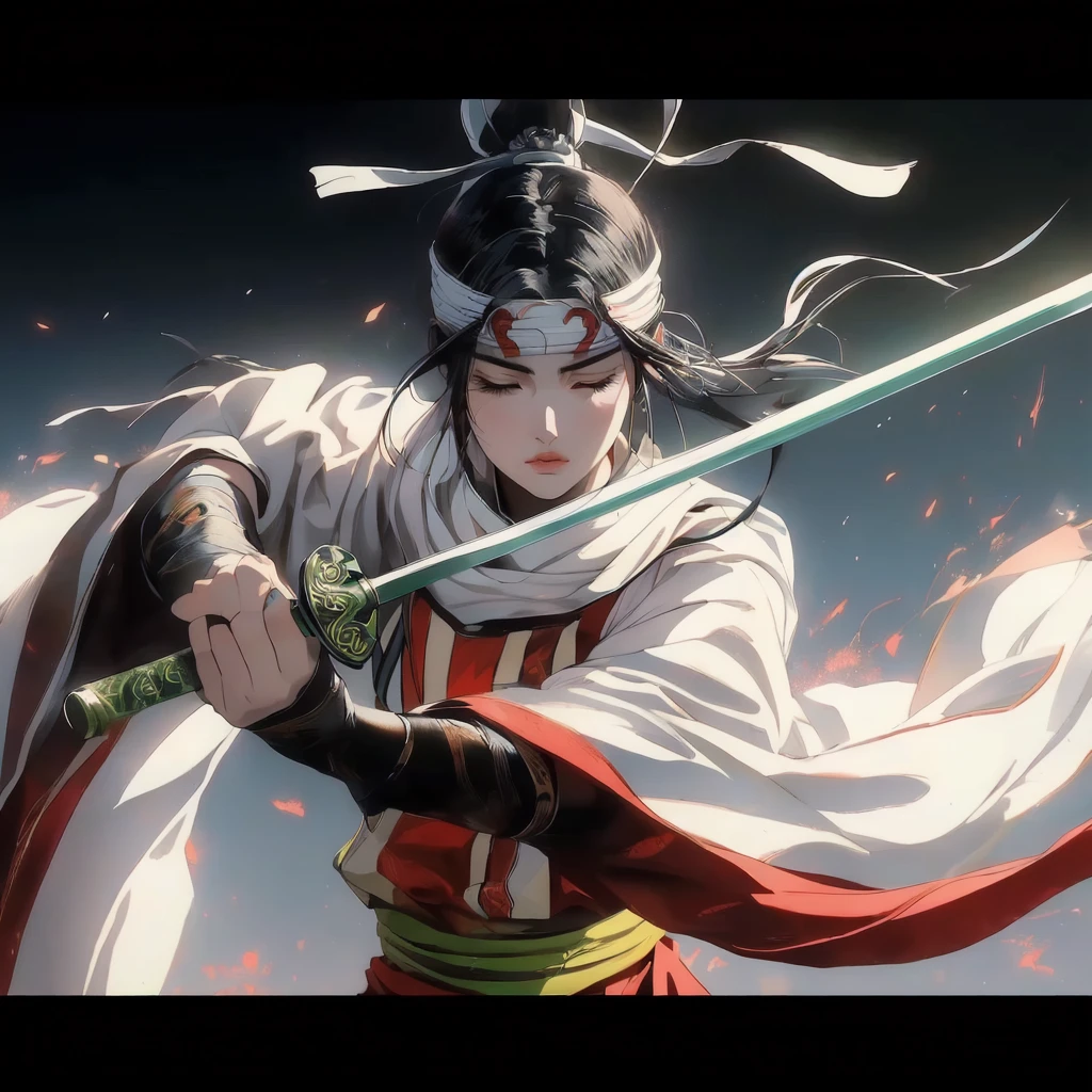 Masterpiece. Highest quality. Dynamic portrait of young Japanese warrior woman, three-quarter view facing right. Closed eyes, furrowed brows. Long black hair in high ponytail, loose strands framing face. White headband with green gem. Pale skin, pink cheeks and lips. White kosode, red hakama, green-yellow obi, dark arm wraps. Gripping katana diagonally, ornate green and gold hilt. Motion-filled pose, flowing clothing and hair. Dark, abstract background with no distinct objects or scenery. Hints of orange-red suggesting embers or energy, floating sparks. Dramatic lighting from upper left, creating rim light effect. Style blends traditional Japanese art with modern fantasy, emphasizing clean lines, movement, and power.