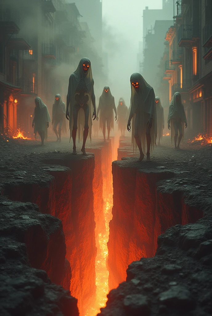 Big crack on some street with skeleton-looking souls coming out of it, with flames and all that, destroyed buildings, portal to hell