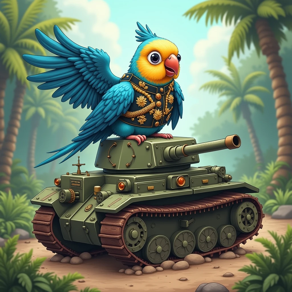 An illustration of a blue-winged budgerigar wearing a military uniform riding a caterpillar tank