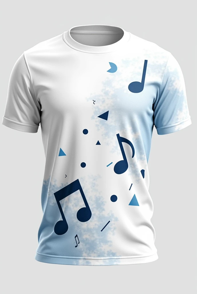 realistic
a white t-shirt mockup front and back with dark blue musical notes accompanied by some details like geometric shapes scattered across the t-shirt with watercolor effect