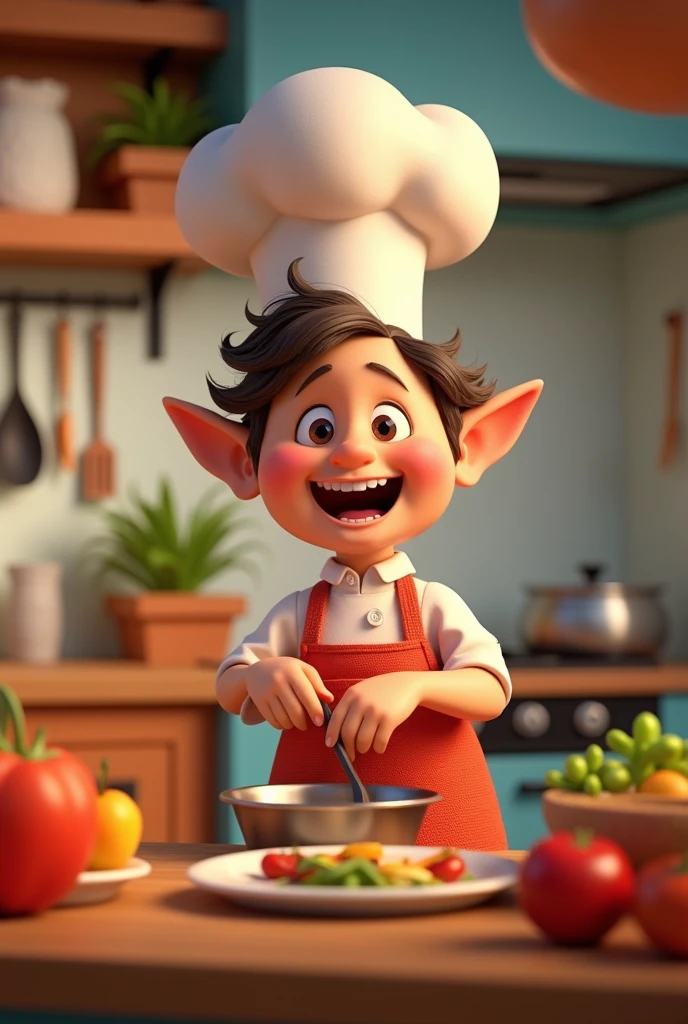 Create a 3D model of a chef in the Pixar style. The chef should have a friendly and charismatic appearance, with exaggerated and expressive features typical of the Pixar style. They should be wearing a white chef's uniform with a large, round chef's hat. The apron should be visibly clean and well-fitting. The chef should be in a dynamic pose, perhaps stirring a pot or holding a spatula with an animated smile on their face. The environment should be a stylized and colorful kitchen, with details like large, colorful utensils, Fresh and vibrant ingredients. The lighting should be soft and create a welcoming and cheerful atmosphere."
