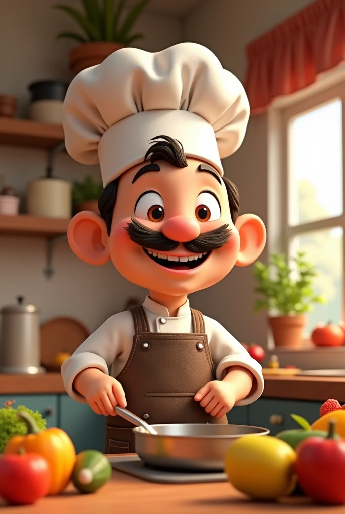 Create a 3D model of a chef in the Pixar style. The chef should have a friendly and charismatic appearance, with exaggerated and expressive features typical of the Pixar style. They should be wearing a white chef's uniform with a large, round chef's hat. The apron should be visibly clean and well-fitting. The chef should be in a dynamic pose, perhaps stirring a pot or holding a spatula with an animated smile on their face. The environment should be a stylized and colorful kitchen, with details like large, colorful utensils, Fresh and vibrant ingredients. The lighting should be soft and create a welcoming and cheerful atmosphere."
