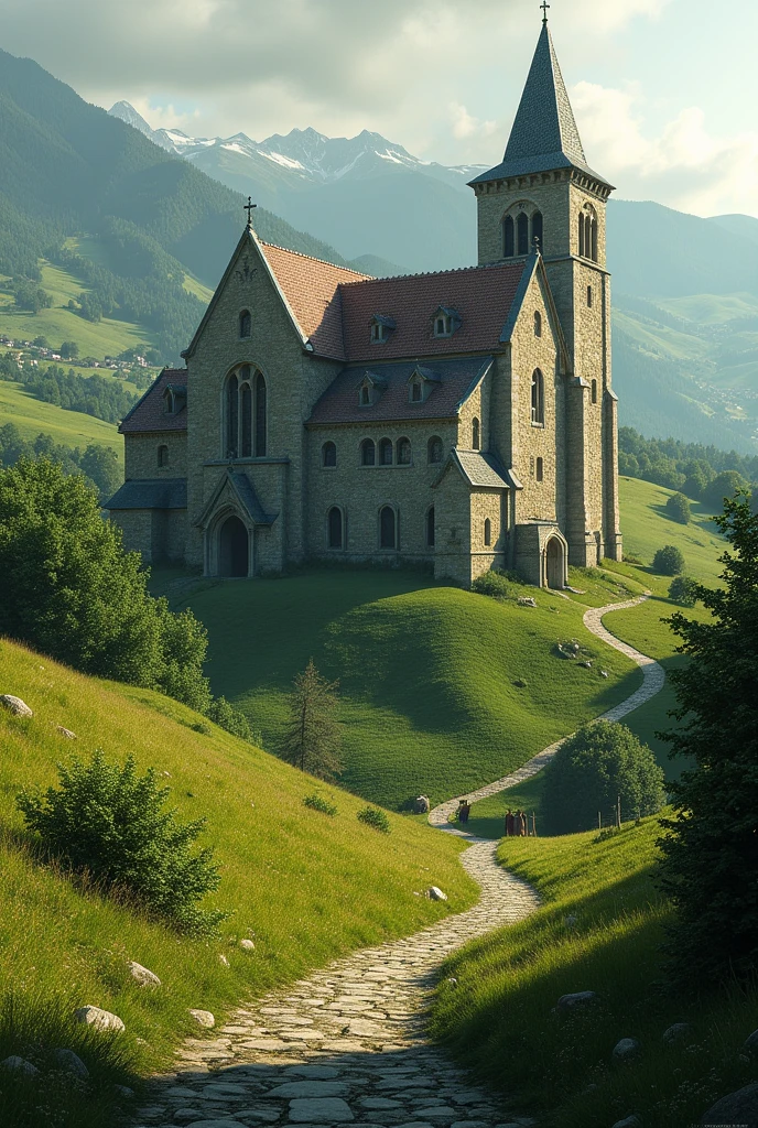 A panoramic view of a medieval monastery surrounded by green hills, with a stone path leading to the main gate.