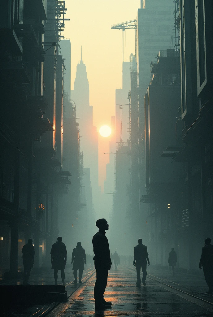 cinematic moody lit dawn, the sun struggles to penetrate the smog above the cybernetic city, where augmented individuals begin their day in the maze of steel and digital billboards, man standing