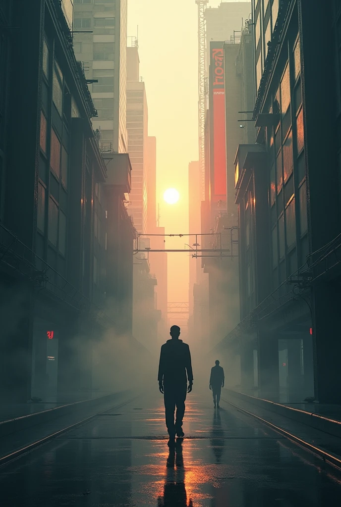 cinematic moody lit dawn, the sun struggles to penetrate the smog above the cybernetic city, where augmented individuals begin their day in the maze of steel and digital billboards, man standing