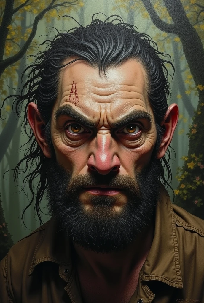 Create Julian, a person who lives in the forest and has been seen as a monster because he is Ugly, he has a unibrow and is ugly, make it super ugly, but it&#39;s not a monster, always remains a person 