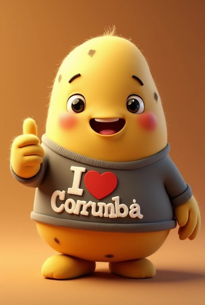 Beautiful and fluffy potato with a shirt that reads I Love Corumbá, giving a thumbs up and happy.