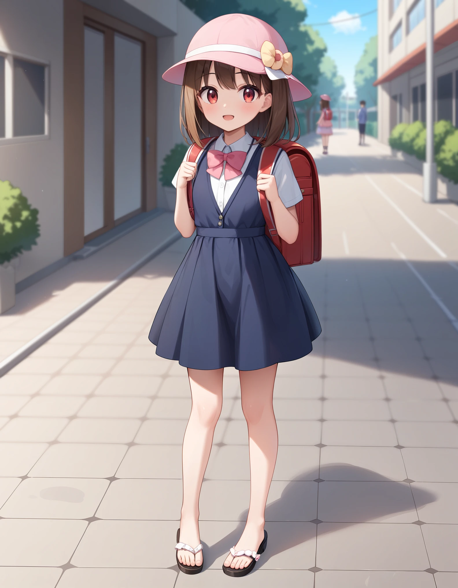 Masterpiece, hd, anime girl in  dress and hat with backpack walking down a street,  dress,bowtie, brown hair, headcap , wearing red backpack, school backpack,  in dress, cute anime waifu in a nice dress, anime visual of a cute girl, young anime girl, beautiful anime school girl, a school girl , anime full body illustration, an anime girl, wearing sandals, cute girl, 10 y o