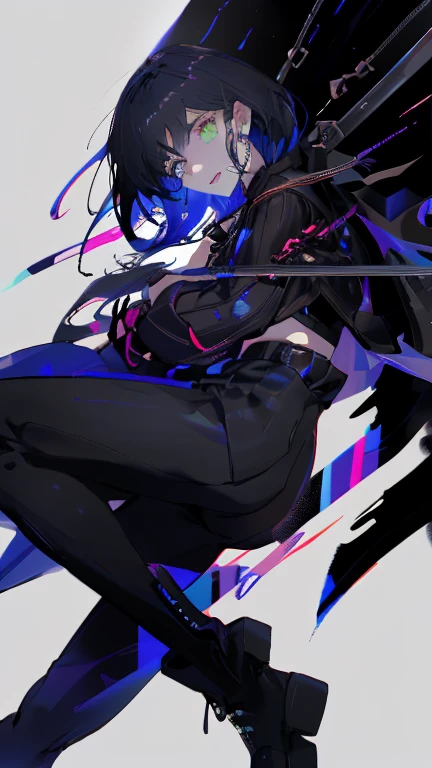 high resolution、High resolution、sharp lines、Girl、Futuristic black sword、Black clothes、Bondage、fine hair、Hiding one eye with hair、Sharp Eye、Jewel-like eyes、Black Background、Fantastic colors、Near future、Facing forward、Small face、Small breasts、Attractive lips、whole body、Long legs、From head to toe、Beautiful legs、Character portrait、They are equipped with weapons.、Armament、A serious face、Black boots、Character portrait、Sharp lines、Clear line art、Standing with your legs apart、9 heads、もっとwhole bodyを描いて、Fantastic Background、A little younger、Near futureなArmament、Mystery viewing、Vivid colors、The color is light.、