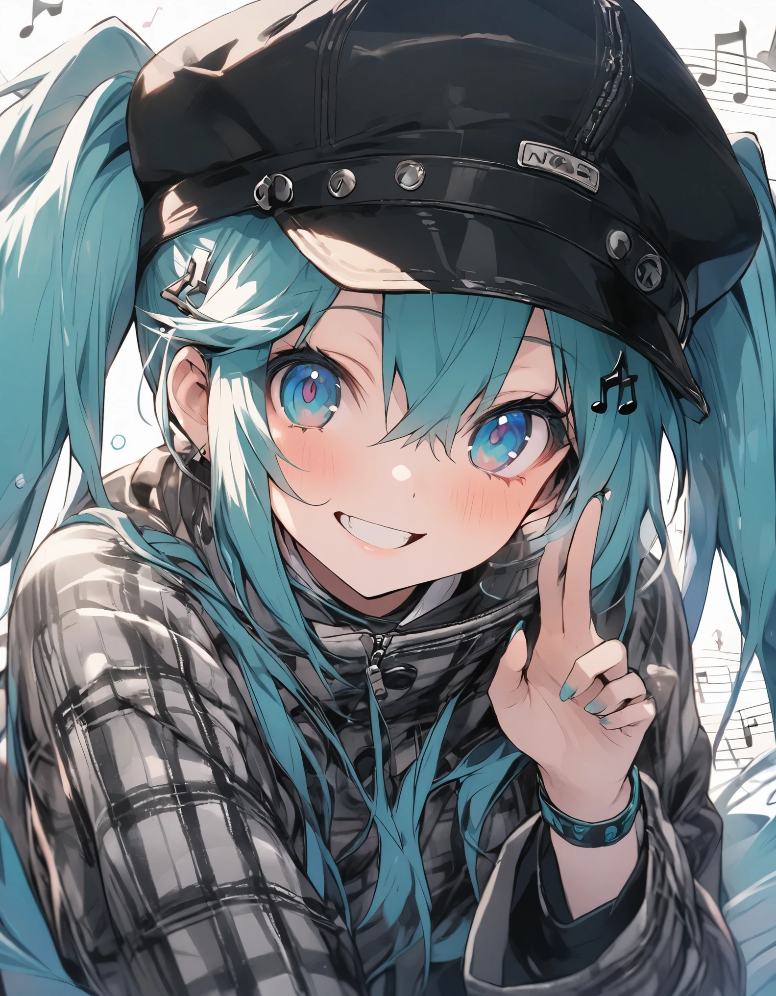 masterpiece、hatsune miku、twin tail、 musical note shaped hair ornament、wear a cap, plaid happi coat、smile、Focus on the face,  ((Musical notation background))
