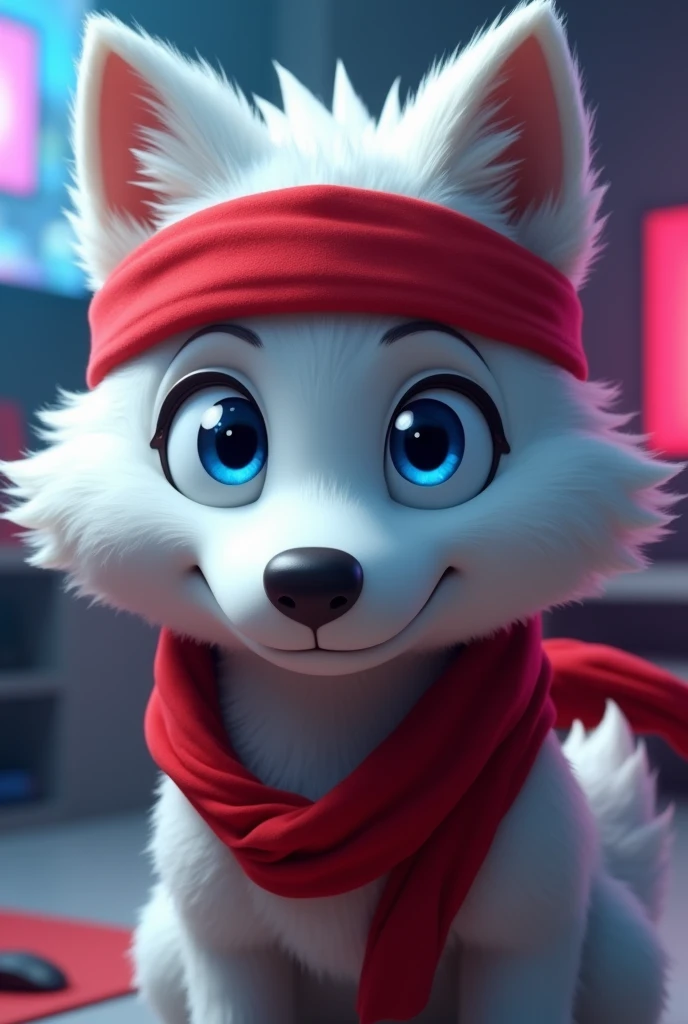 A white male animated wolf with blue eyes wearing a red ninja headband, with a gamer room background from the neck up.
