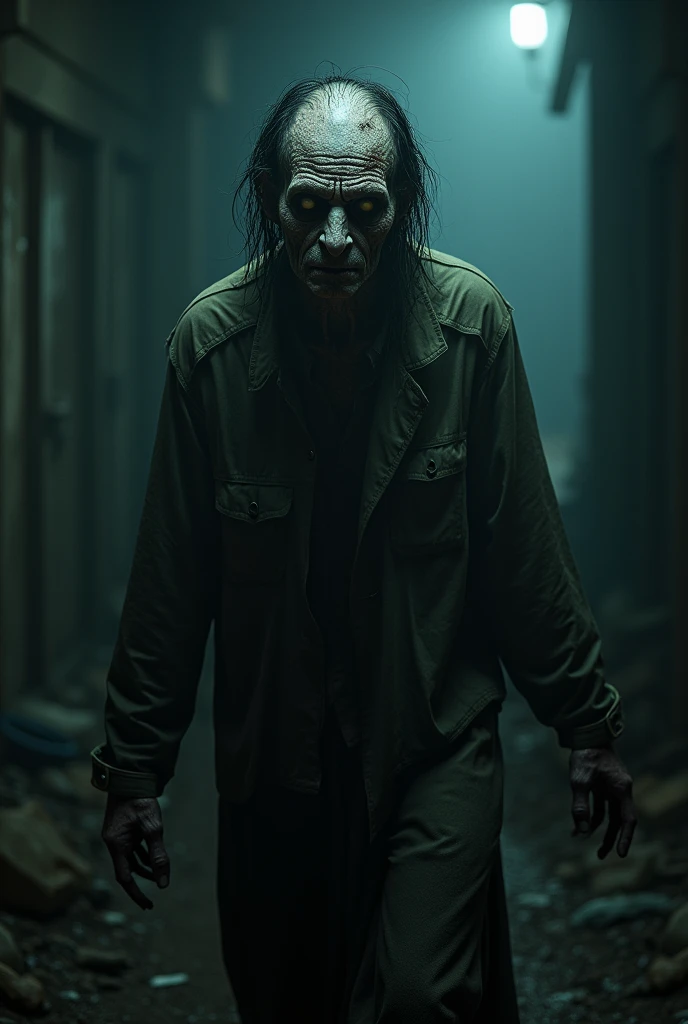 The image features a zombie in a dark, mysterious setting. The zombie's skin appears aged, with a haunting expression and vacant eyes. The details are realistic, highlighting the texture of the worn clothing. The lighting is dim and dramatic, emphasizing its features and creating a shadowy atmosphere in the background.