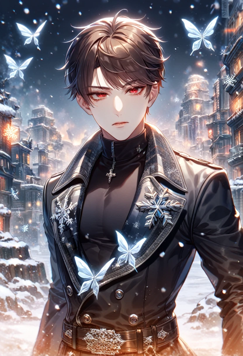 absurdres, highres, ultra detailed, HDR, master piece, best quality, extremely detailed face, delicated features, Jiu Qin, dark brown hair that parts just above his left eye, expressive red eyes, Quanqiu Gaokao, solo, sexy man, handsome, sensual, black trench coat, black tight turtleneck shirt, belts, black gloves, fantasy, magical, apocalyptic city, snow, snowflakes, ice butterflies, snowing, ruins