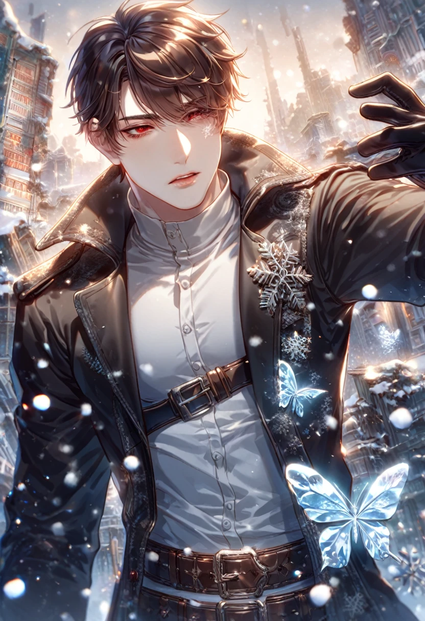 absurdres, highres, ultra detailed, HDR, master piece, best quality, extremely detailed face, delicated features, Jiu Qin, dark brown hair that parts just above his left eye, expressive red eyes, Quanqiu Gaokao, solo, sexy man, handsome, sensual, black trench coat, black tight turtleneck shirt, belts, black gloves, fantasy, magical, apocalyptic city, snow, snowflakes, ice butterflies, snowing, ruins
