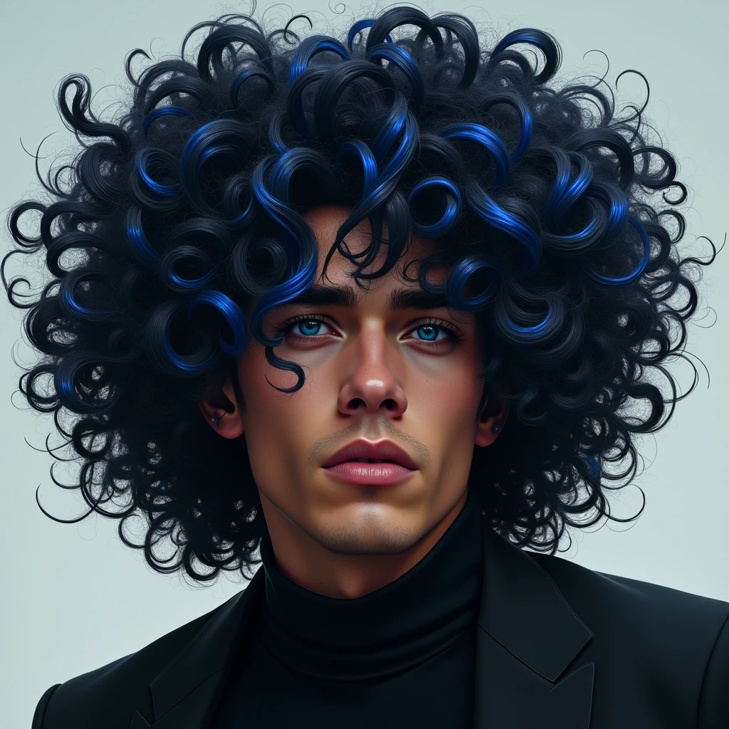 man with very curly hair (black with blue highlights)