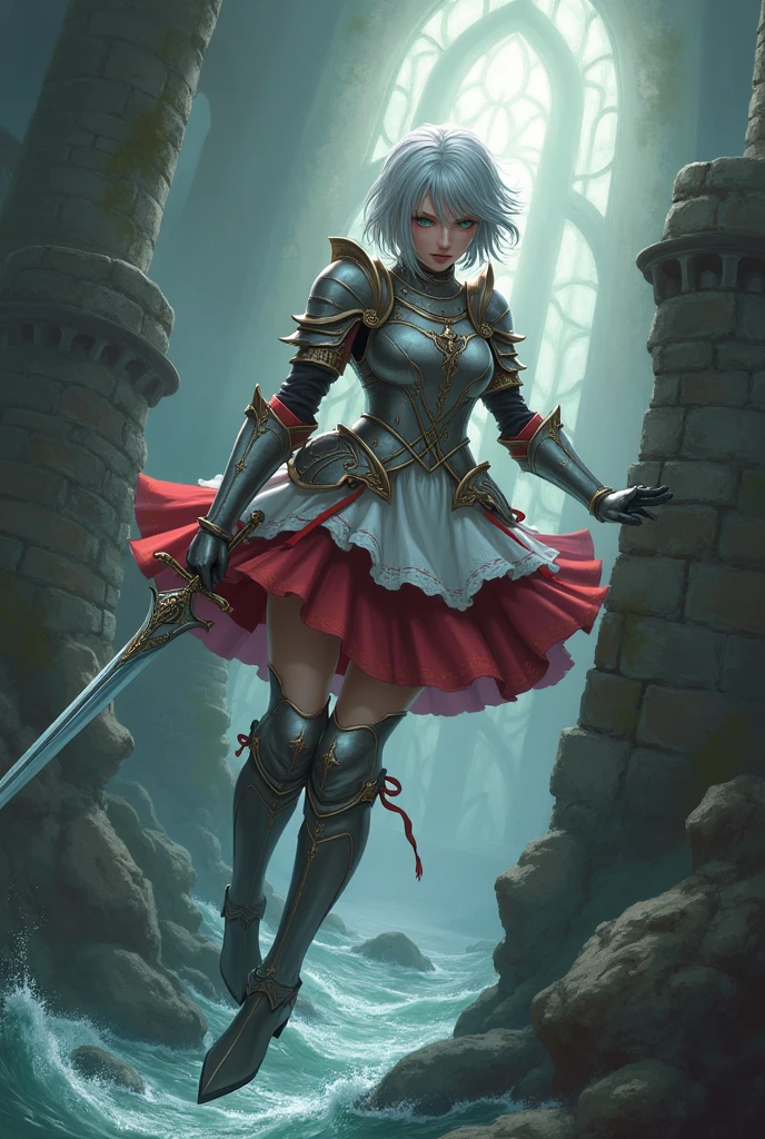 work of art, best qualityer, illustration, struggling pose, 1 girl, impacto de noelle genshin, short silver hair, greeneyes, maid skirt with red sides, knight maiden, knight maiden armor, Castle Bridge, water,
