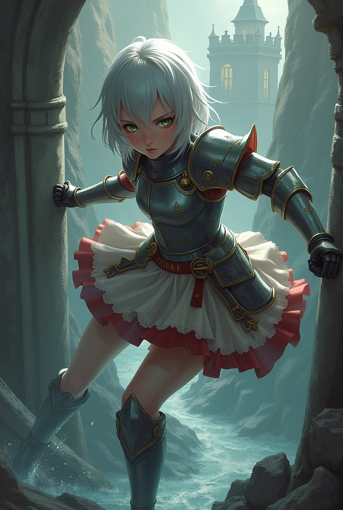 work of art, best qualityer, illustration, struggling pose, 1 girl, impacto de noelle genshin, short silver hair, greeneyes, maid skirt with red sides, knight maiden, knight maiden armor, Castle Bridge, water,
