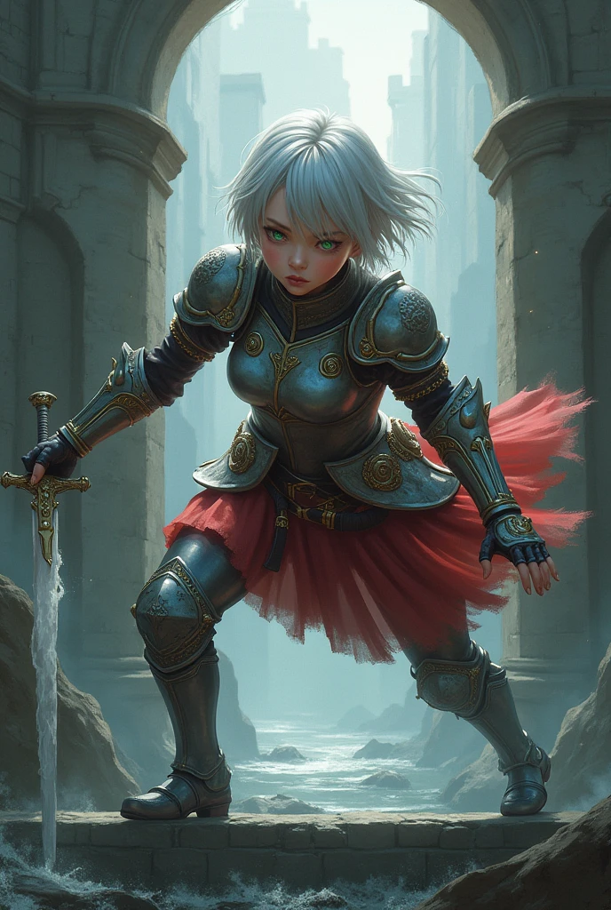 work of art, best qualityer, illustration, struggling pose, 1 girl, impacto de noelle genshin, short silver hair, greeneyes, maid skirt with red sides, knight maiden, knight maiden armor, Castle Bridge, water,