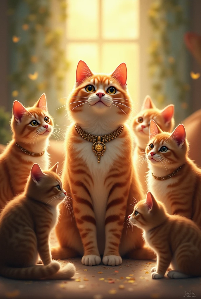 A happy cat who has conquered everything in this world, but with several cats around him blessing him.