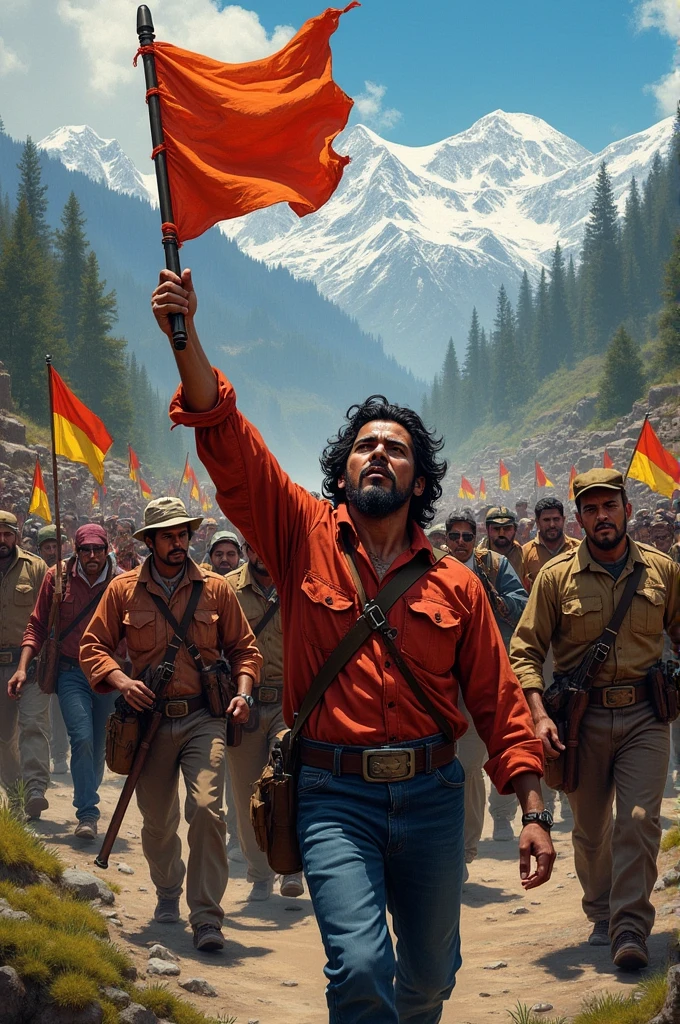 A drawing about the Bolivian revolution that includes all the important aspects of this case.