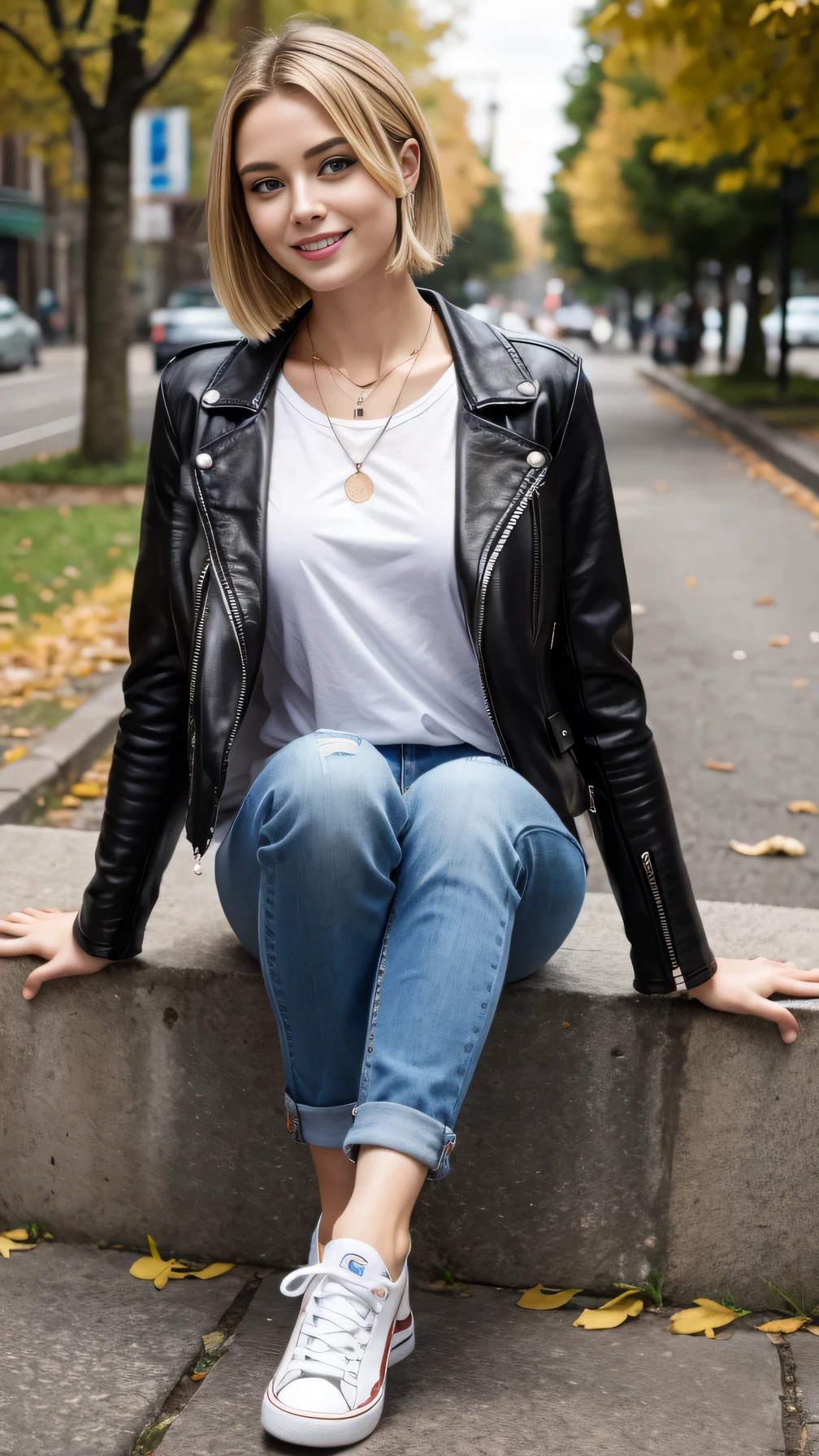 Super Resolution、Beautiful Russian Women、Full body photo、sitting on a park bench、short hair、Blonde、ear piercing、necklace、leather jacket、shirt、Skinny jeans、sneakers、smile、Beautiful teeth alignment