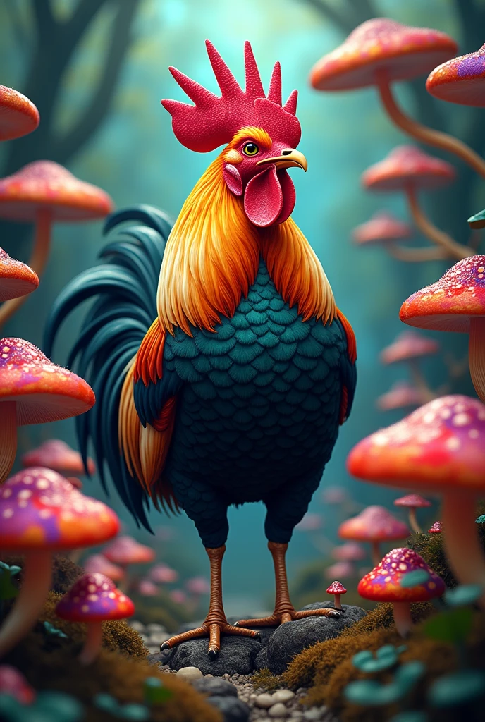 Rooster surrounded by hallucinogenic mushrooms