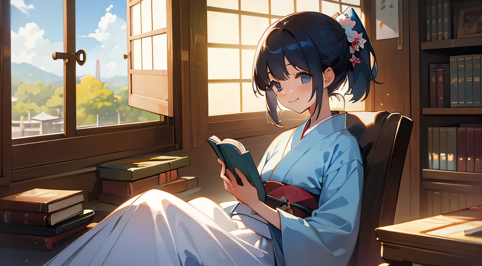 liblary,books,smile,kimono,japanese girl,reading book,window,blue sky