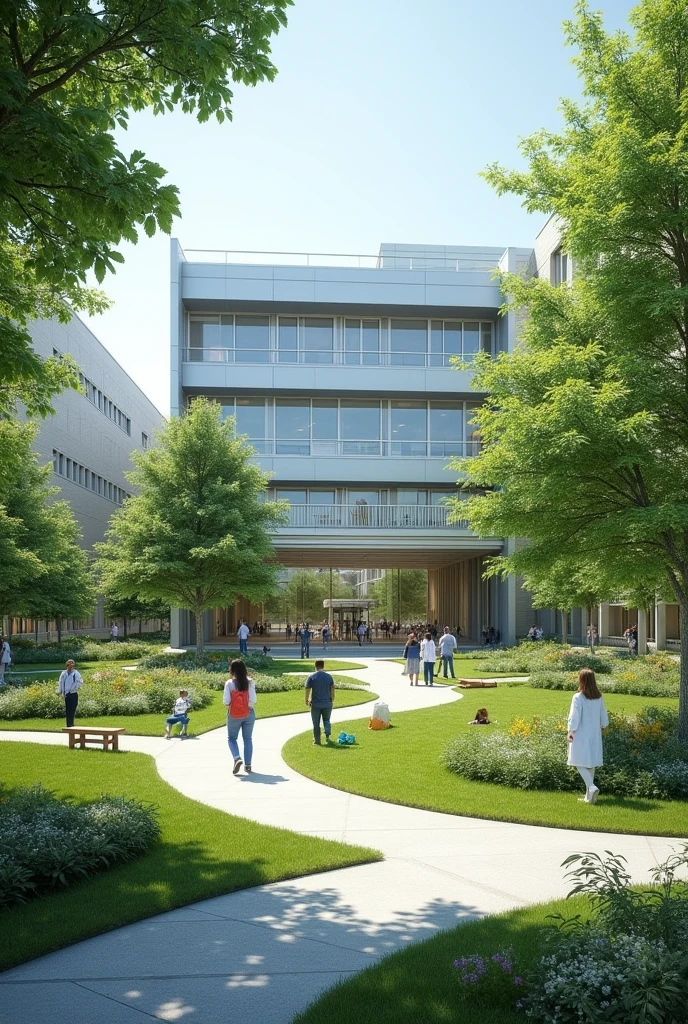 A hospital with a garden around it