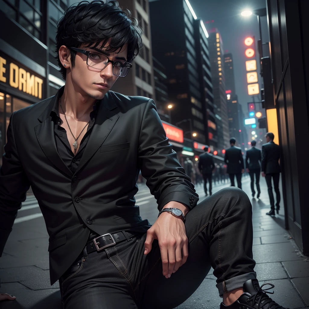 Man writer of horror stories, Short hair with bangs and square black glasses with black blazer, Camisa social preta, Black jeans and black all-star sneakers in the background big city at night, 8k, HD.