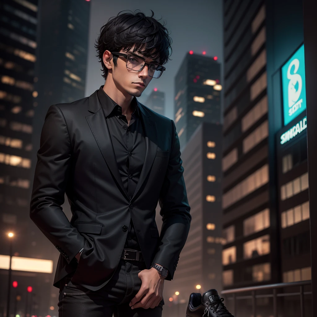 Man writer of horror stories, Short hair with bangs and square black glasses with black blazer, Camisa social preta, Black jeans and black all-star sneakers in the background big city at night, 8k, HD.