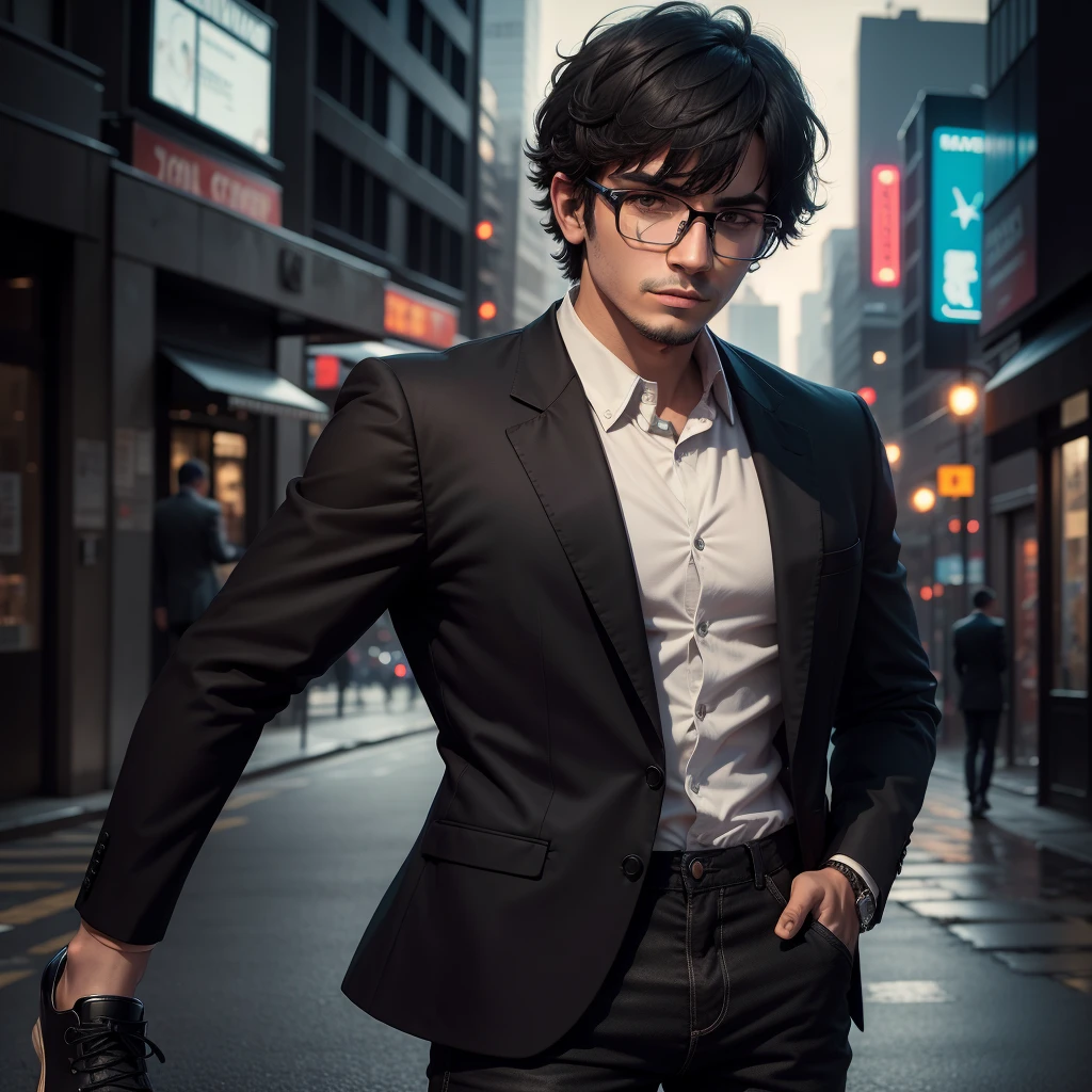 Man writer of horror stories, Short hair with bangs and square black glasses with black blazer, Camisa social preta, Black jeans and black all-star sneakers in the background big city at night, 8k, HD.