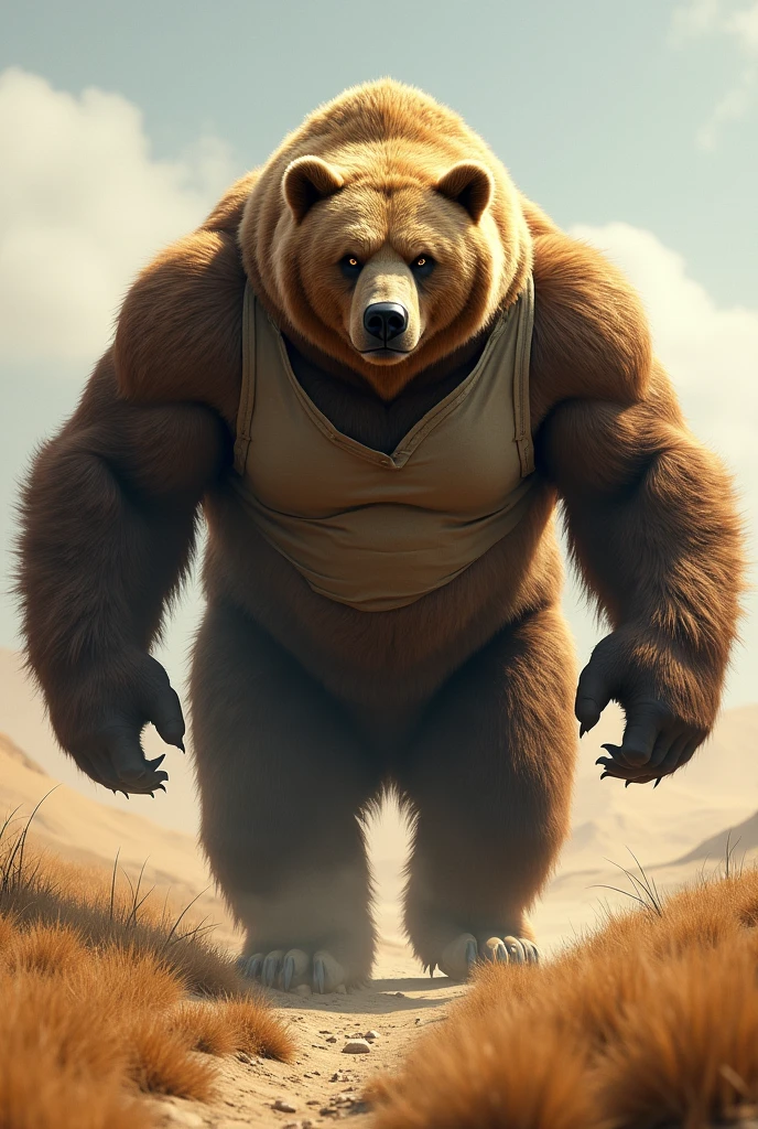 A massive, incredibly strong bear with a powerful gaze and muscled physique, wearing a shirt, walks on the thick, dry grass.