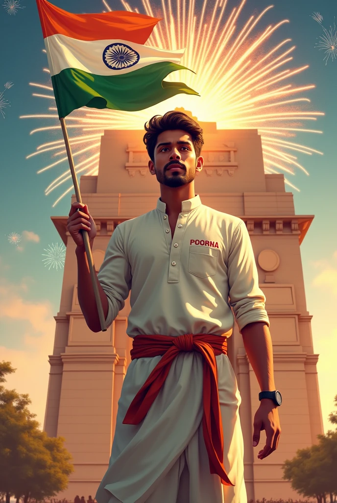 “Illustration of a 20-year-old Indian men dressed in a Andra Pradesh trends, proudly holding the Indian flag. He standing in front of a historic monument with fireworks in the sky. Her blouse has ‘POORNA‘ embroidered in red, and the text ‘Happy Indipendents day next line Proud to be Indian’ shines above.”