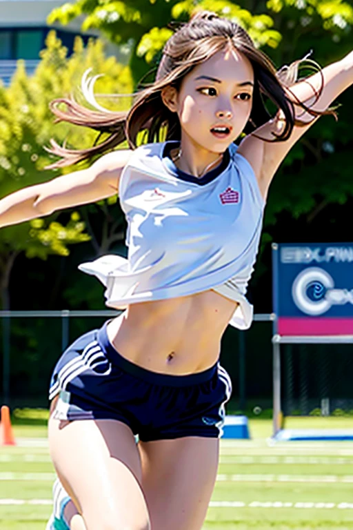 1 girl, standing alone, sprinting, gray top, shorts rosa, hypdertailed, athletic build, dynamic brushstrokes, fluid motion, capturing the essence of their athleticism and energy, using light colors and soft tones to create a dreamy, ethereal atmosphere, portraying the motion and grace of sprinting, showing the wind blowing her hypdertailed and clothes, and the landscape around you.

plein-air, detailed back ground, Modern metropolis,