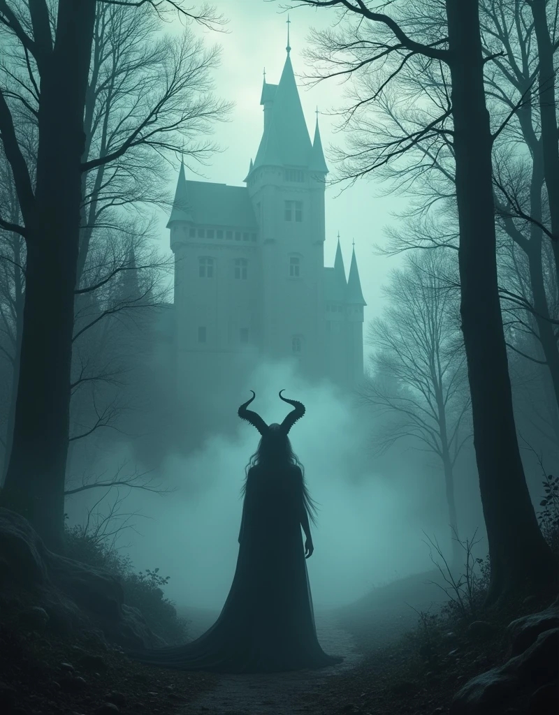 a mysterious and alluring forest shrouded in mist, with the silhouette of a female demon deep within the forest, gothic castle in the background, highly detailed, realistic, cinematic lighting, dramatic atmosphere, moody colors, intricate details, painterly style