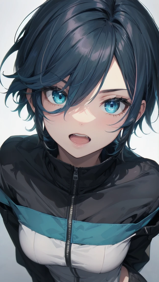 Close-up of a manga girl with blue hair and a yellow shirt, 2D Animation, 2D Animation style, 2D Art, 2D Art, 2D from Gorillaz, 2D from Gorillaz, 2D Gorillaz, Screaming Cerket, 2D Sprite, Jinx Face, short hair, Small breasts, hot pants, ((Black Hair, Inner bright blue hair:1.4))