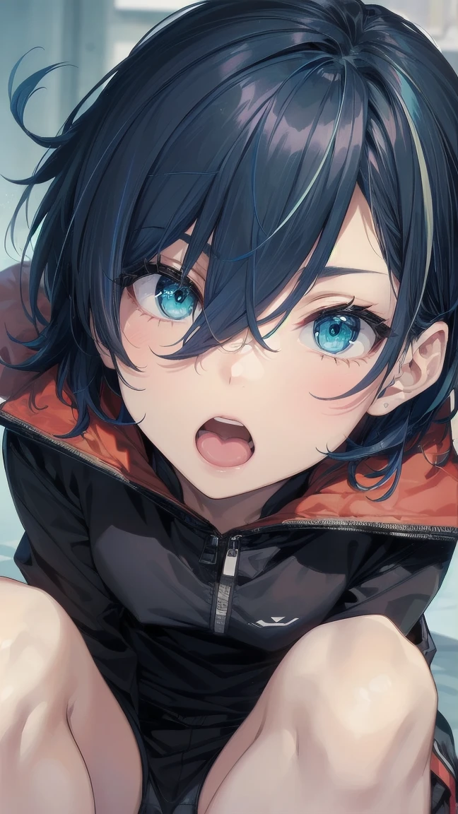 Close-up of a manga girl with blue hair and a yellow shirt, 2D Animation, 2D Animation style, 2D Art, 2D Art, 2D from Gorillaz, 2D from Gorillaz, 2D Gorillaz, Screaming Cerket, 2D Sprite, Jinx Face, short hair, Small breasts, hot pants, ((Black Hair, Inner bright blue hair:1.4))