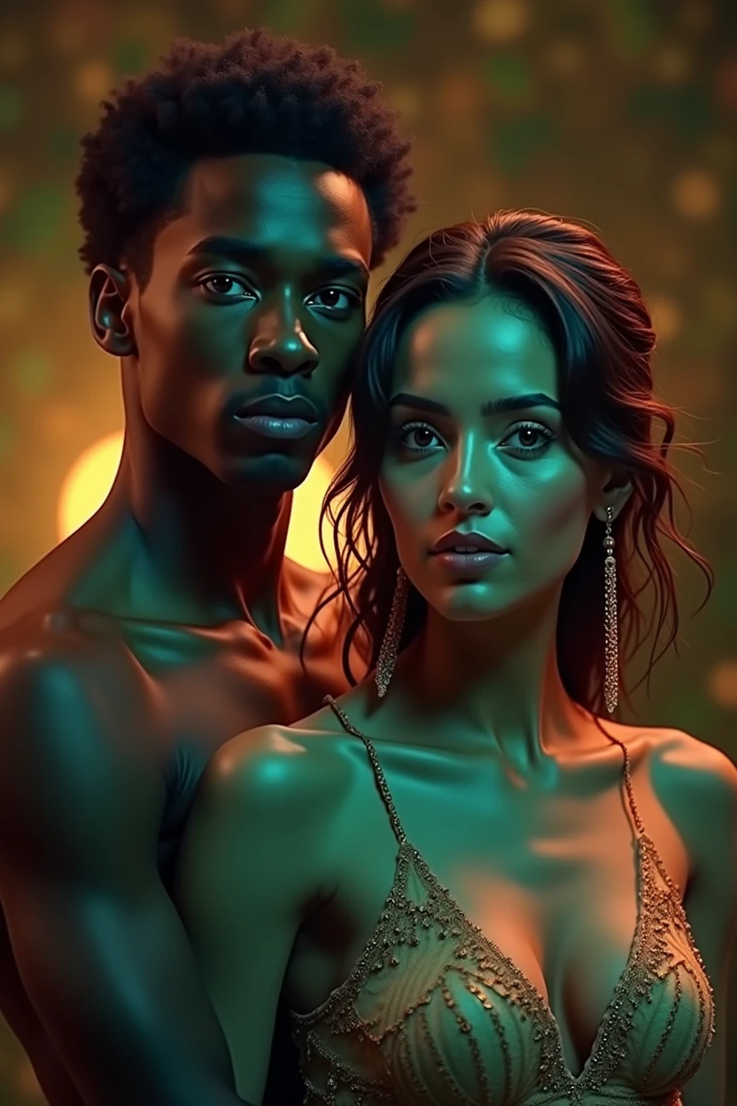 A young afroamerican man, a beautiful Latin woman with dark skin and chocolate color eyes looking at viewer, emerald green color, seductive, balanced, perfect beauty, (best quality,4k,8k,highres,masterpiece:1.2),ultra-detailed,(realistic,photorealistic,photo-realistic:1.37),oil painting,cinematic lighting,dramatic contrast,chiaroscuro,warm color palette,sensual,intimate,romantic
